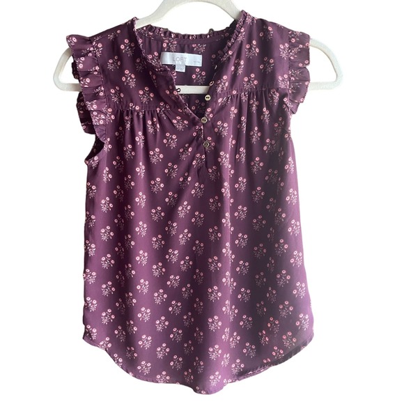 LOFT Purple/Wine Floral Petite Blouse with Ruffles Women’s Petite XXSP - Picture 1 of 4